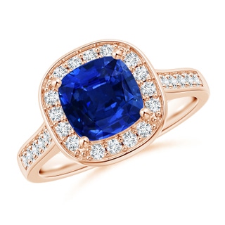 7mm AAAA Classic Cushion Blue Sapphire Ring with Diamond Halo in Rose Gold
