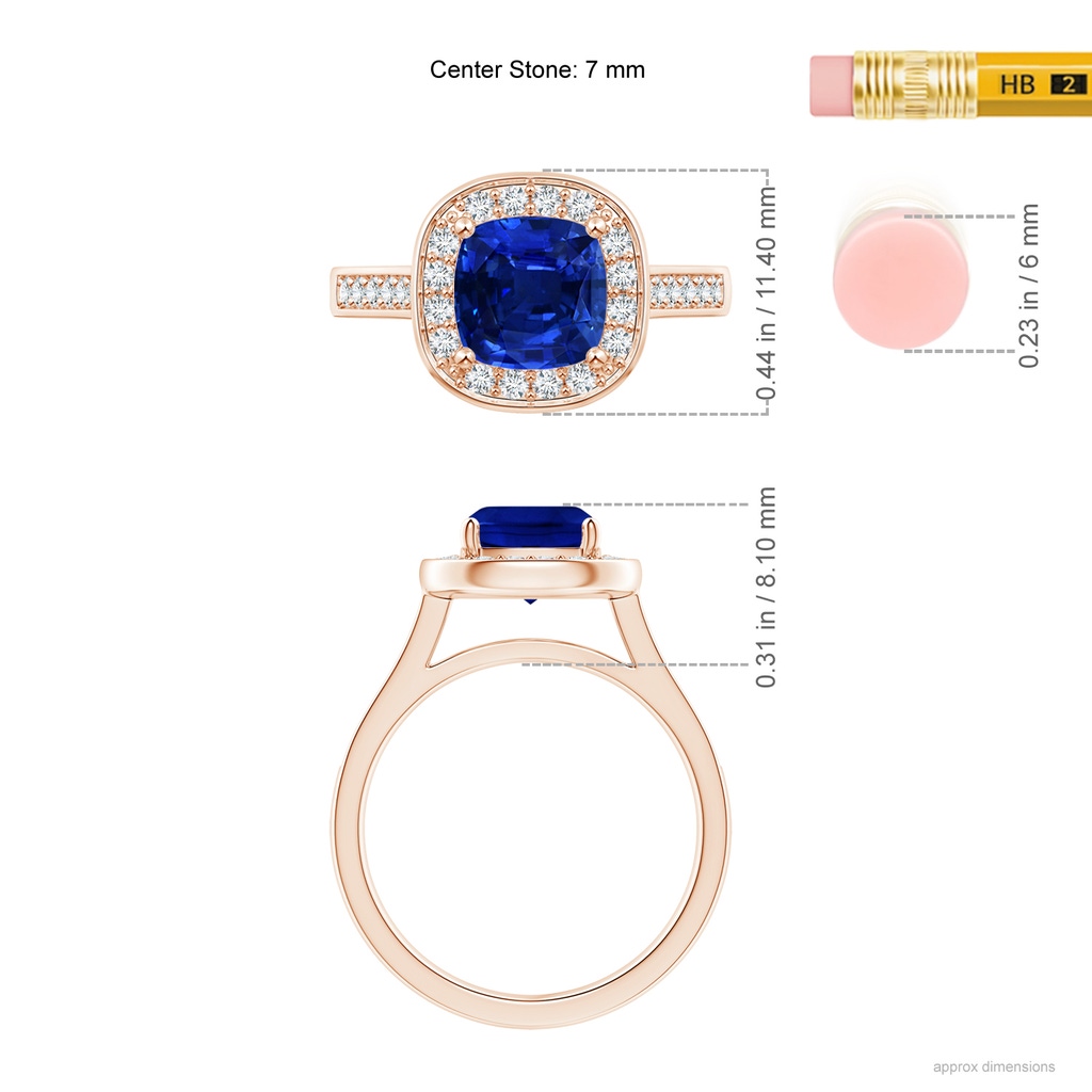 7mm AAAA Classic Cushion Blue Sapphire Ring with Diamond Halo in Rose Gold Ruler