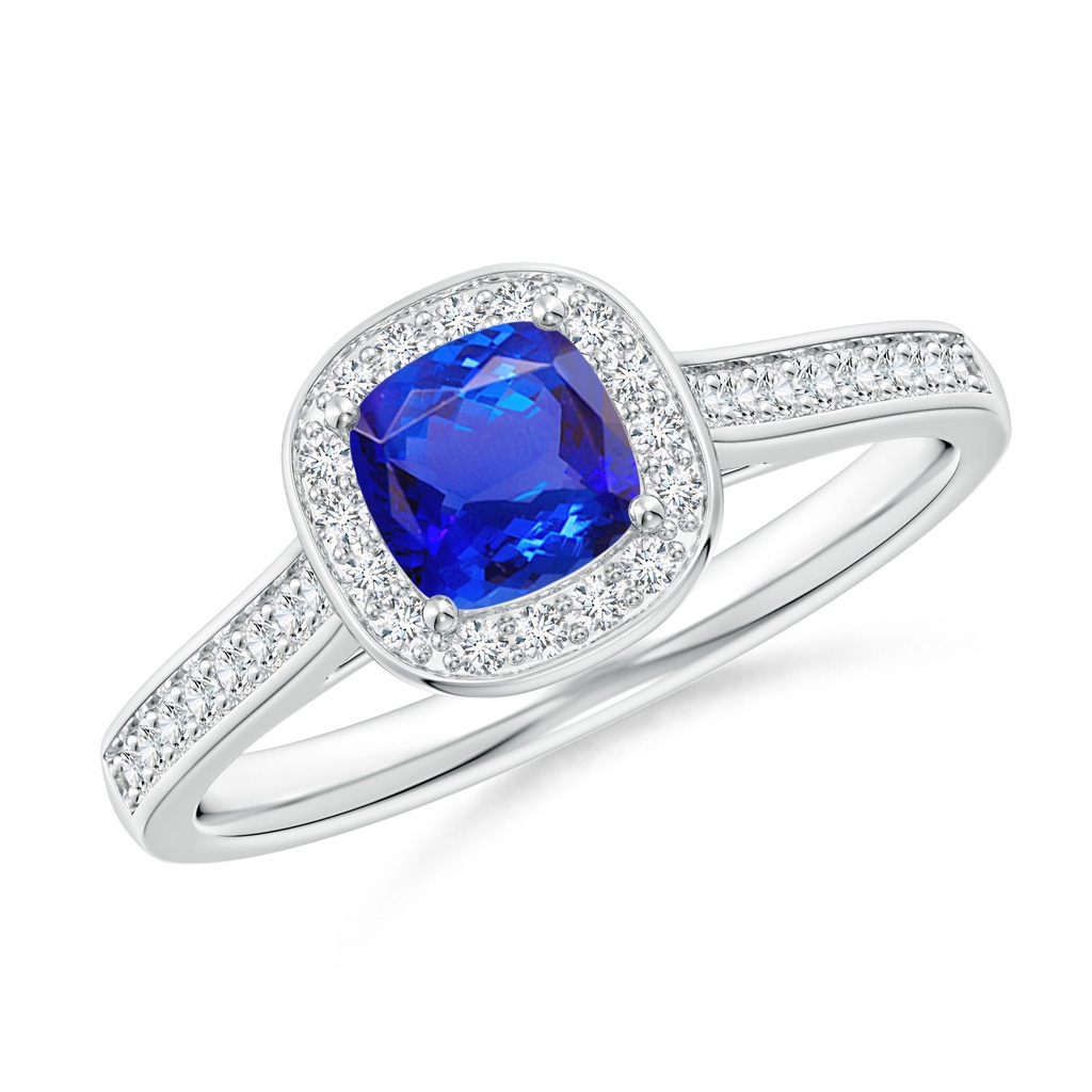 5mm AAA Classic Cushion Tanzanite Ring with Diamond Halo in White Gold