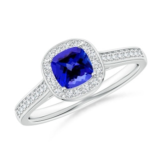 5mm AAAA Classic Cushion Tanzanite Ring with Diamond Halo in White Gold