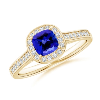 5mm AAAA Classic Cushion Tanzanite Ring with Diamond Halo in Yellow Gold