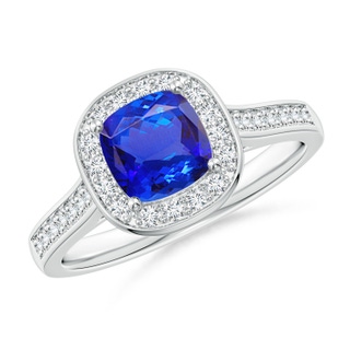 6mm AAA Classic Cushion Tanzanite Ring with Diamond Halo in White Gold