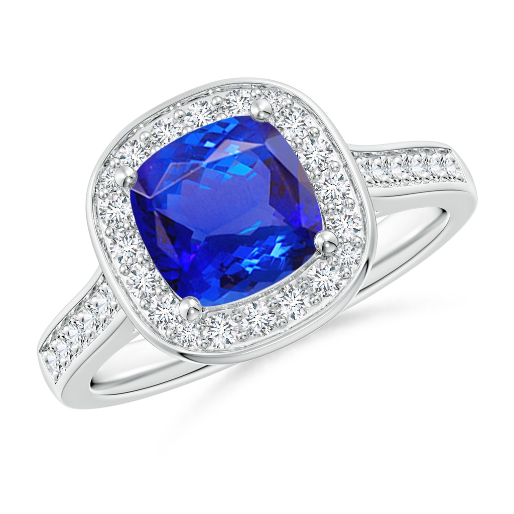 7mm AAA Classic Cushion Tanzanite Ring with Diamond Halo in White Gold