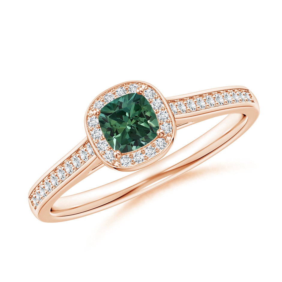 4mm AA Classic Cushion Teal Montana Sapphire Ring with Diamond Halo in Rose Gold 
