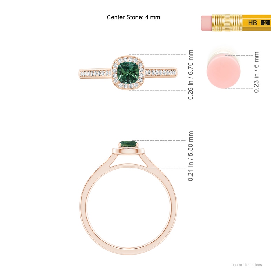 4mm AA Classic Cushion Teal Montana Sapphire Ring with Diamond Halo in Rose Gold ruler