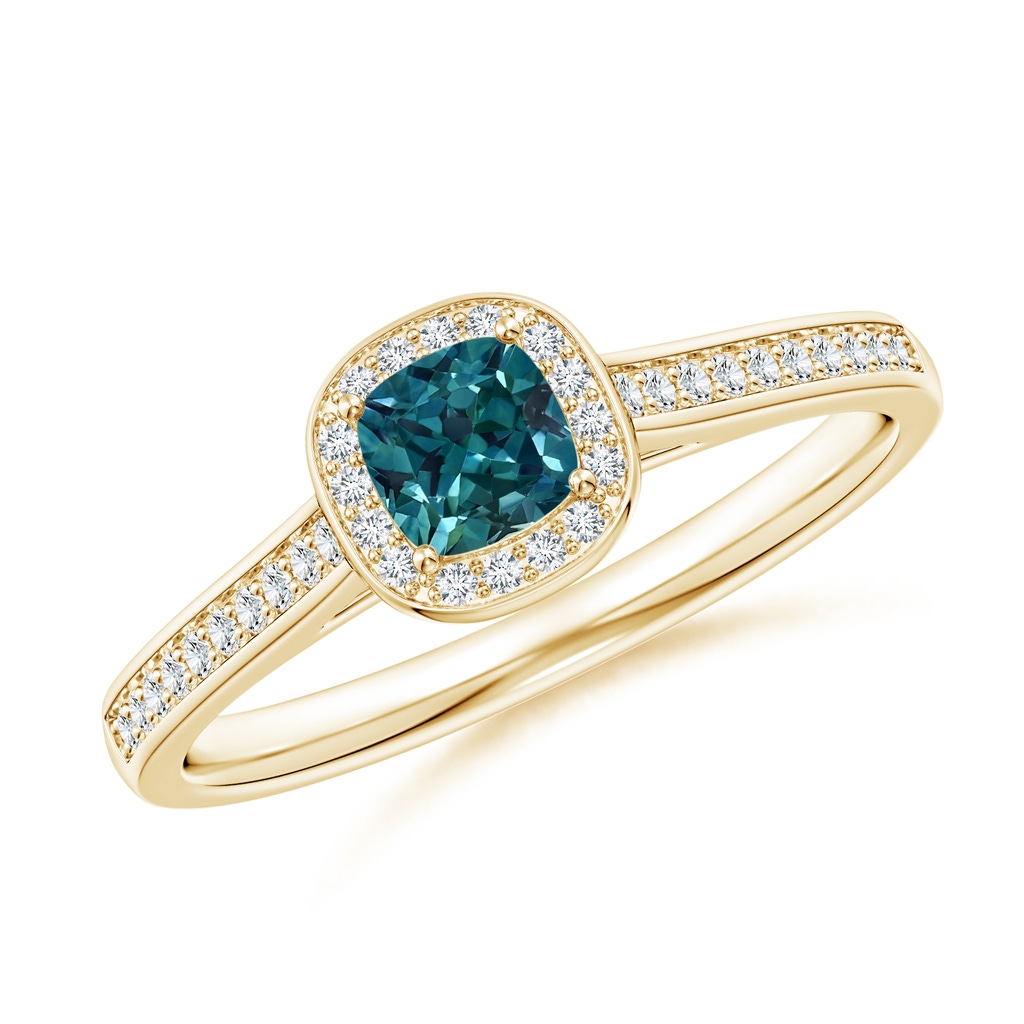 4mm AAA Classic Cushion Teal Montana Sapphire Ring with Diamond Halo in Yellow Gold