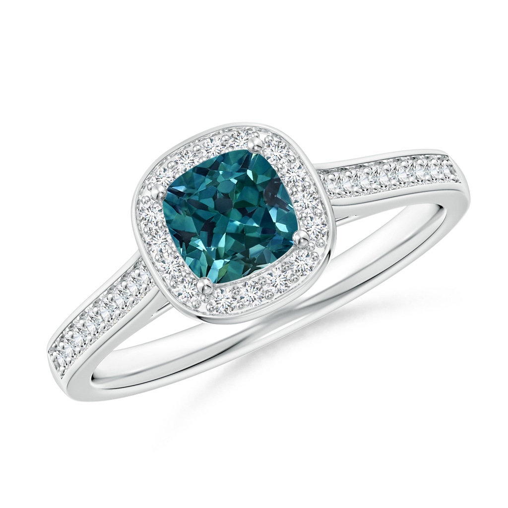 5mm AAA Classic Cushion Teal Montana Sapphire Ring with Diamond Halo in White Gold