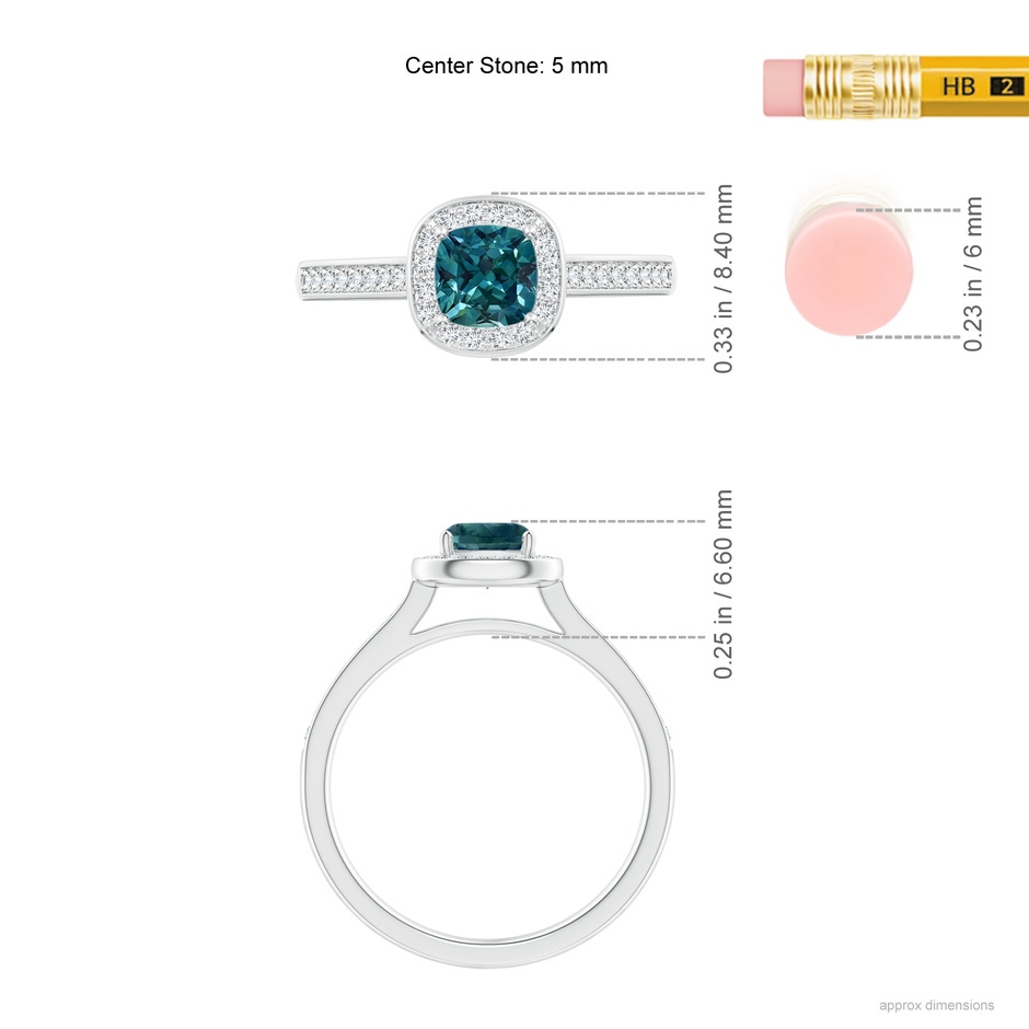 5mm AAA Classic Cushion Teal Montana Sapphire Ring with Diamond Halo in White Gold ruler