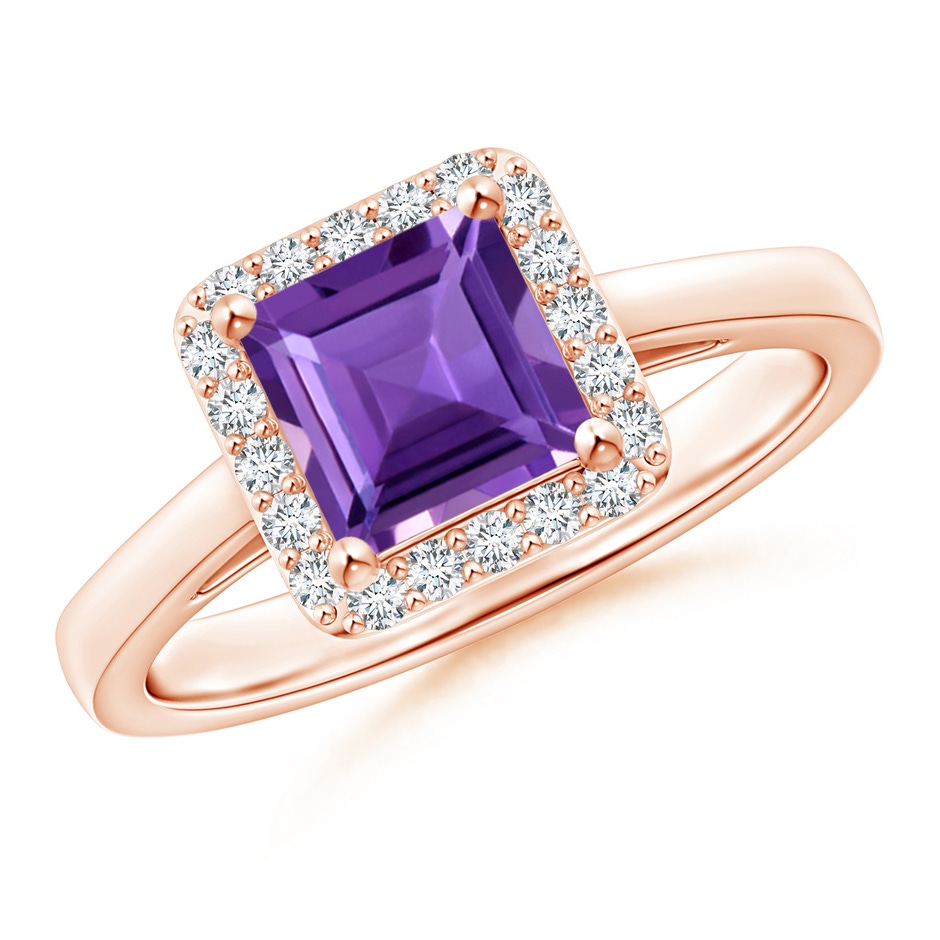 6mm AAA Classic Square Amethyst Halo Ring in Rose Gold 