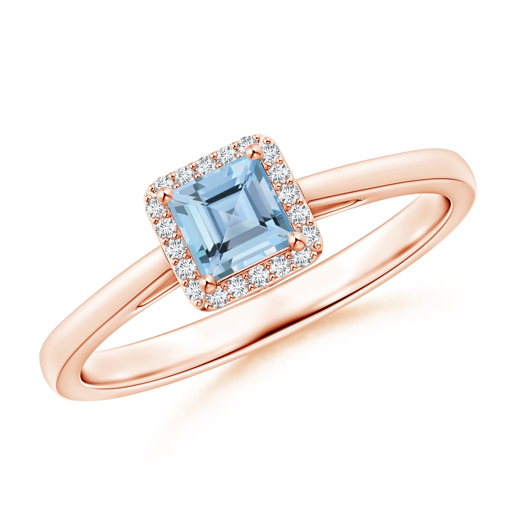 4mm AAAA Classic Square Aquamarine Halo Ring in Rose Gold