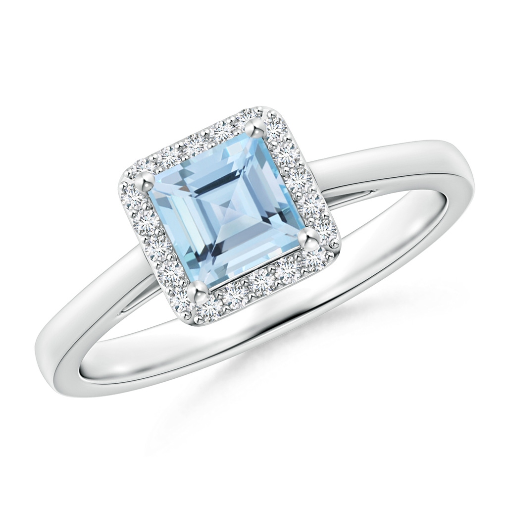 5mm AAA Classic Square Aquamarine Halo Ring in White Gold