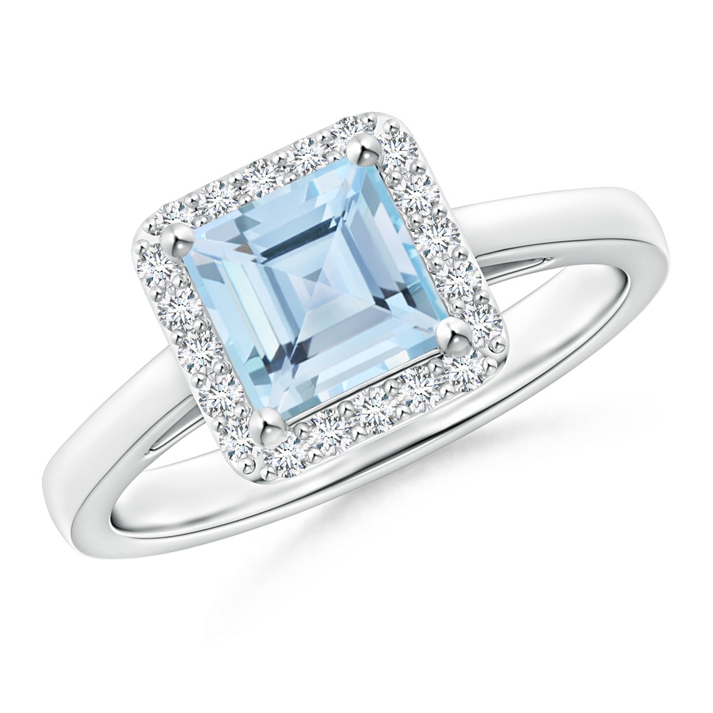 6mm AAA Classic Square Aquamarine Halo Ring in White Gold