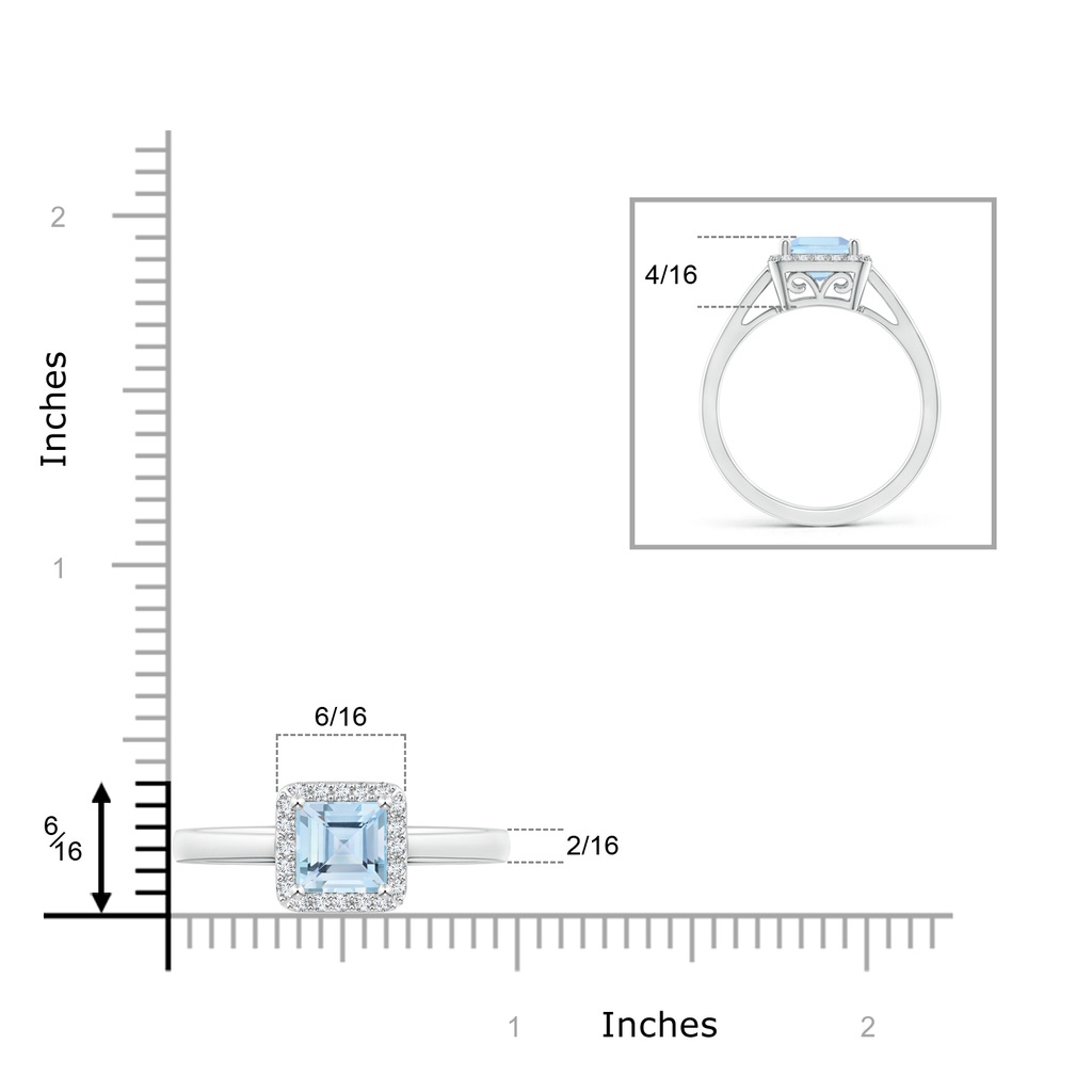 6mm AAA Classic Square Aquamarine Halo Ring in White Gold Ruler