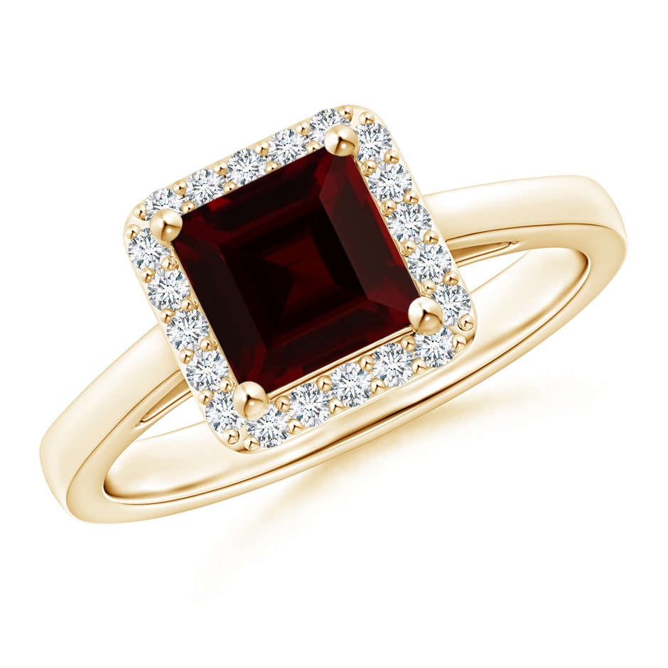 6mm A Classic Square Garnet Halo Ring in Yellow Gold 