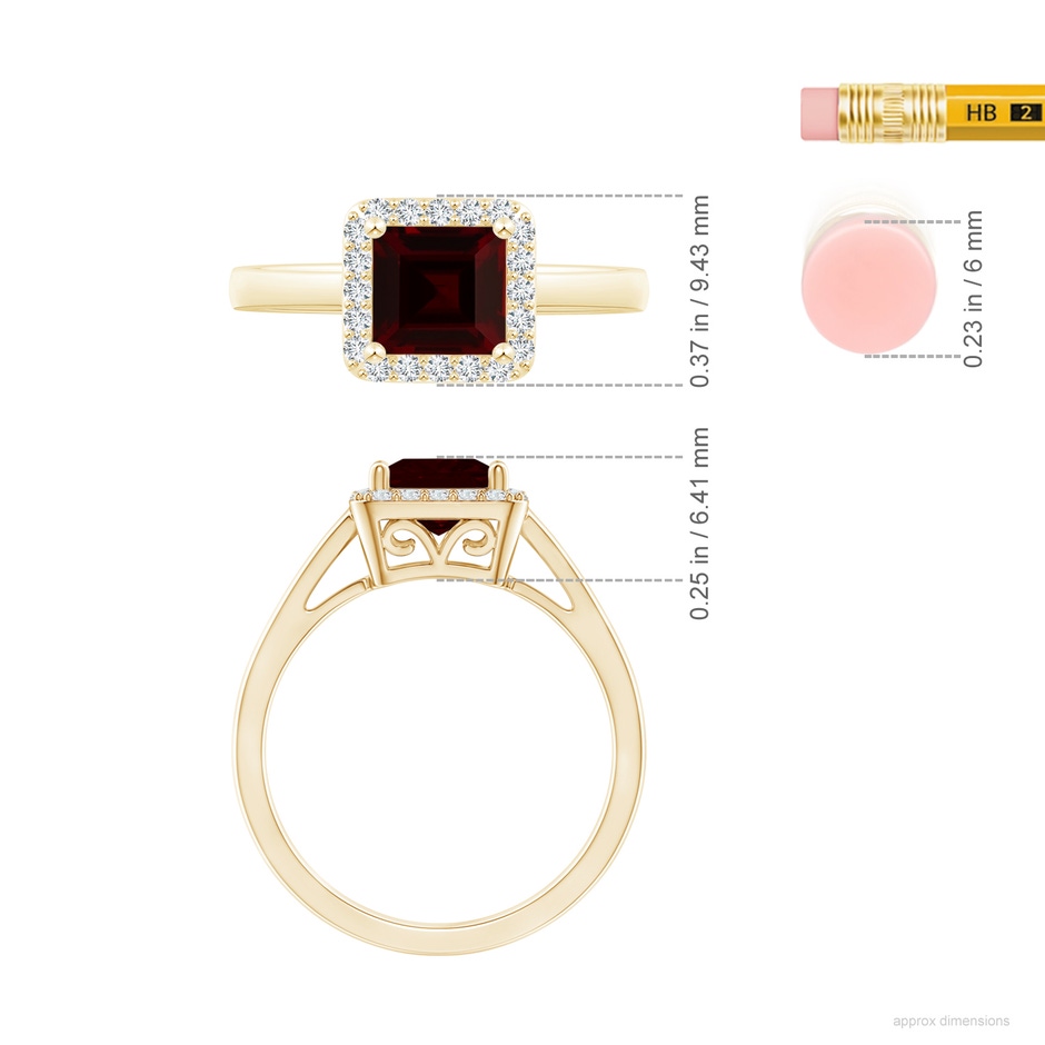 6mm A Classic Square Garnet Halo Ring in Yellow Gold ruler