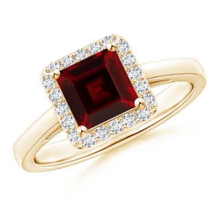 6mm AAA Classic Square Garnet Halo Ring in Yellow Gold