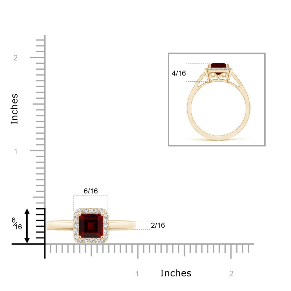 6mm AAA Classic Square Garnet Halo Ring in Yellow Gold ruler