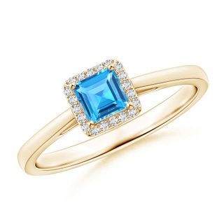 4mm AAAA Classic Square Swiss Blue Topaz Halo Ring in Yellow Gold