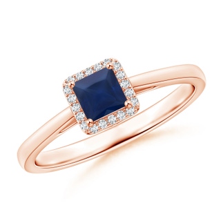 4mm A Classic Square Blue Sapphire Halo Ring in Rose Gold