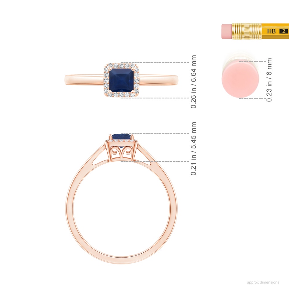 4mm A Classic Square Blue Sapphire Halo Ring in Rose Gold ruler