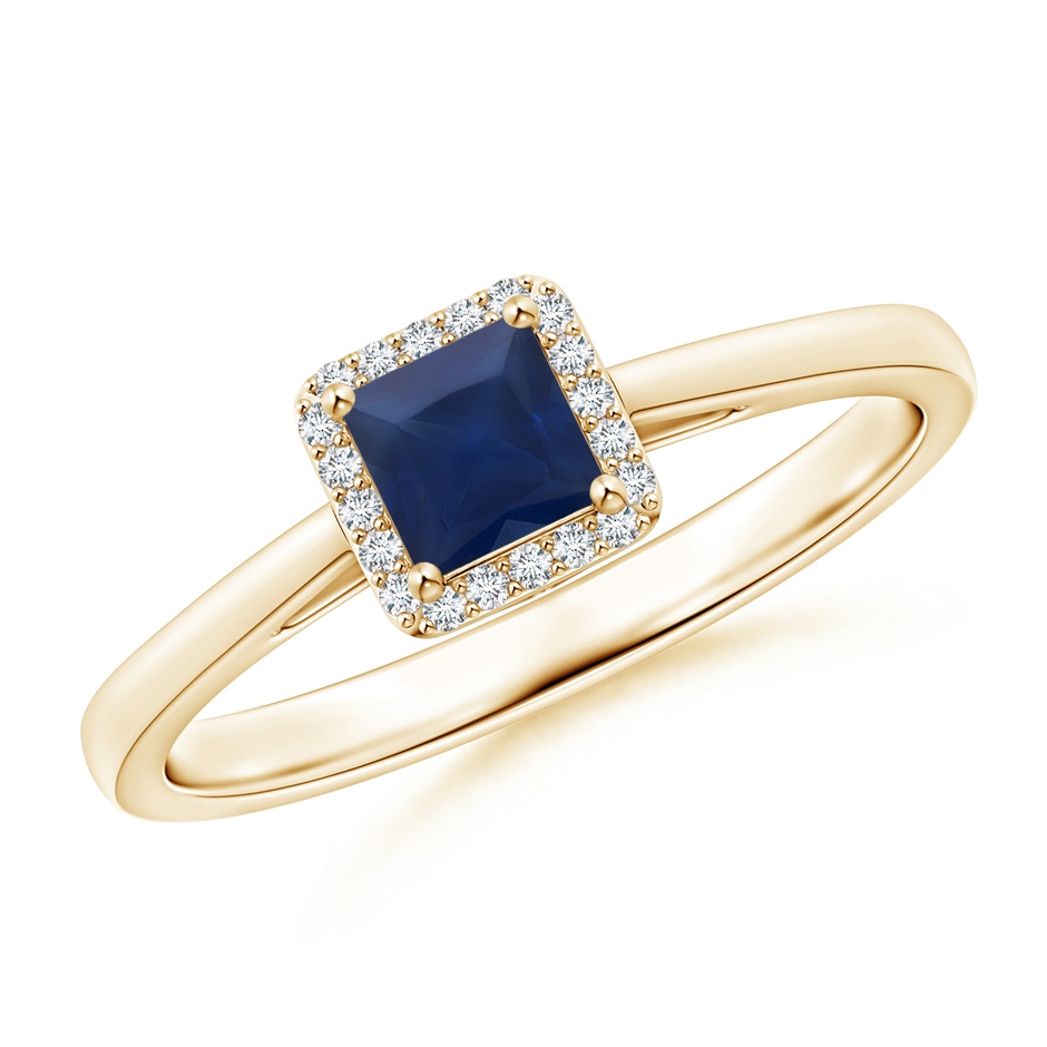 4mm A Classic Square Blue Sapphire Halo Ring in Yellow Gold 