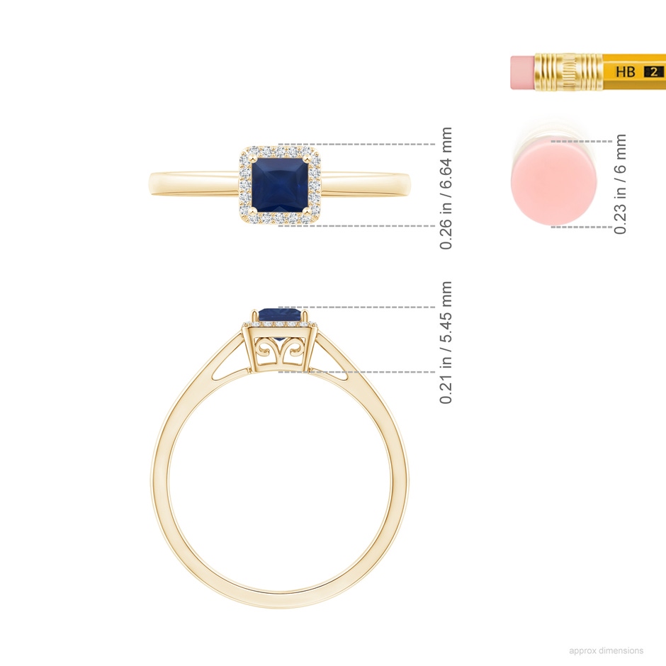 4mm A Classic Square Blue Sapphire Halo Ring in Yellow Gold ruler