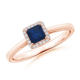 4mm AA Classic Square Blue Sapphire Halo Ring in Rose Gold