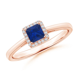 4mm AAA Classic Square Blue Sapphire Halo Ring in Rose Gold