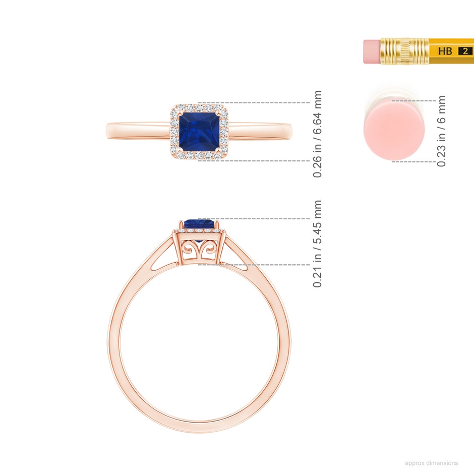 4mm AAA Classic Square Blue Sapphire Halo Ring in Rose Gold ruler