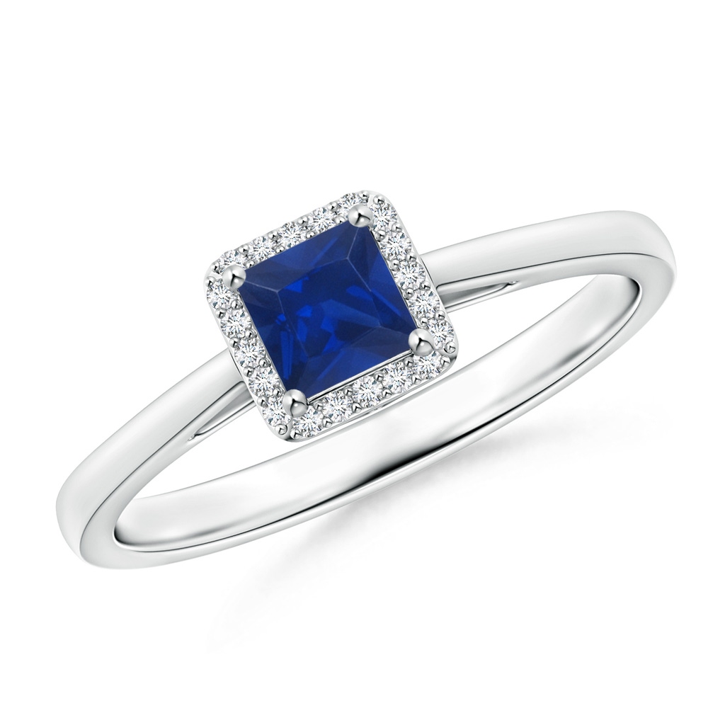 4mm AAA Classic Square Blue Sapphire Halo Ring in White Gold