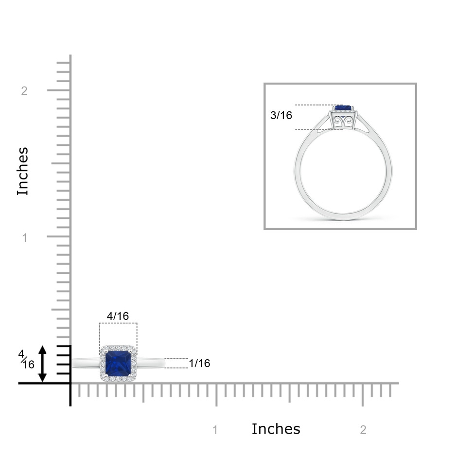 4mm AAA Classic Square Blue Sapphire Halo Ring in White Gold ruler