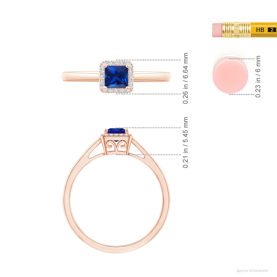 4mm AAAA Classic Square Blue Sapphire Halo Ring in Rose Gold ruler