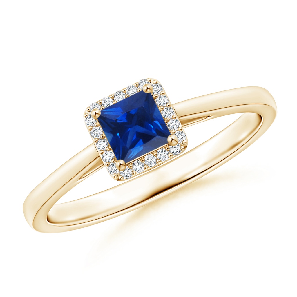 4mm AAAA Classic Square Blue Sapphire Halo Ring in Yellow Gold