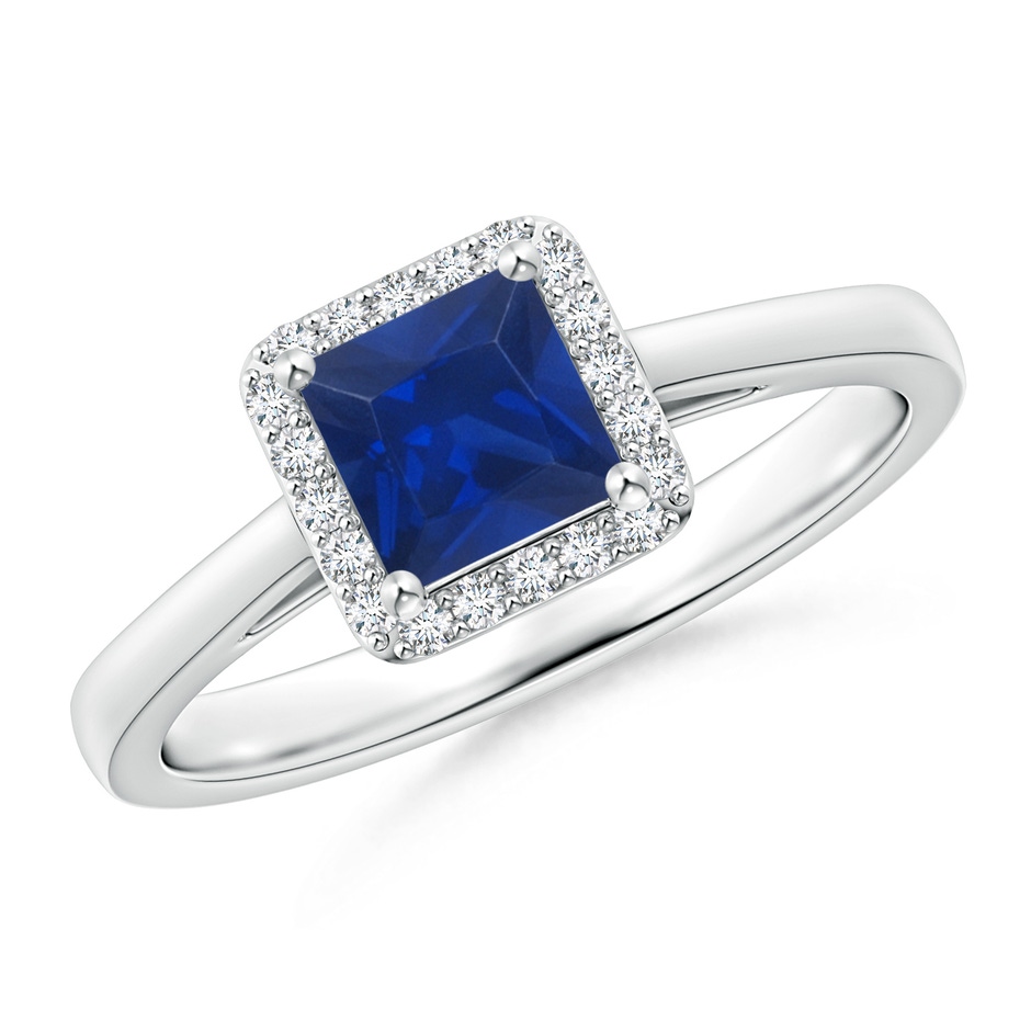 5mm AAA Classic Square Blue Sapphire Halo Ring in White Gold 