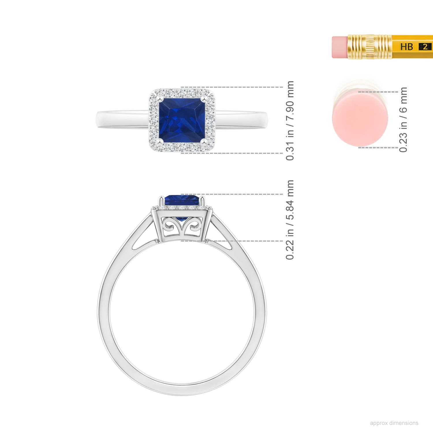5mm AAA Classic Square Blue Sapphire Halo Ring in White Gold - ruler