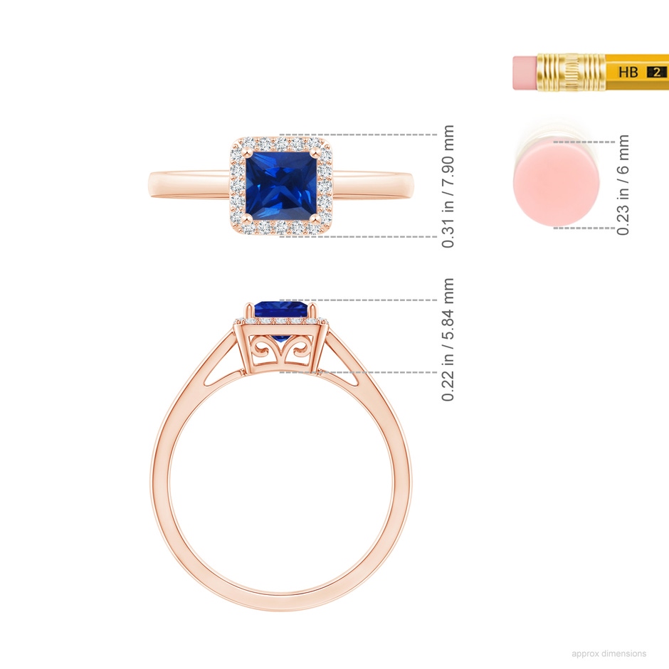 5mm AAAA Classic Square Blue Sapphire Halo Ring in Rose Gold ruler