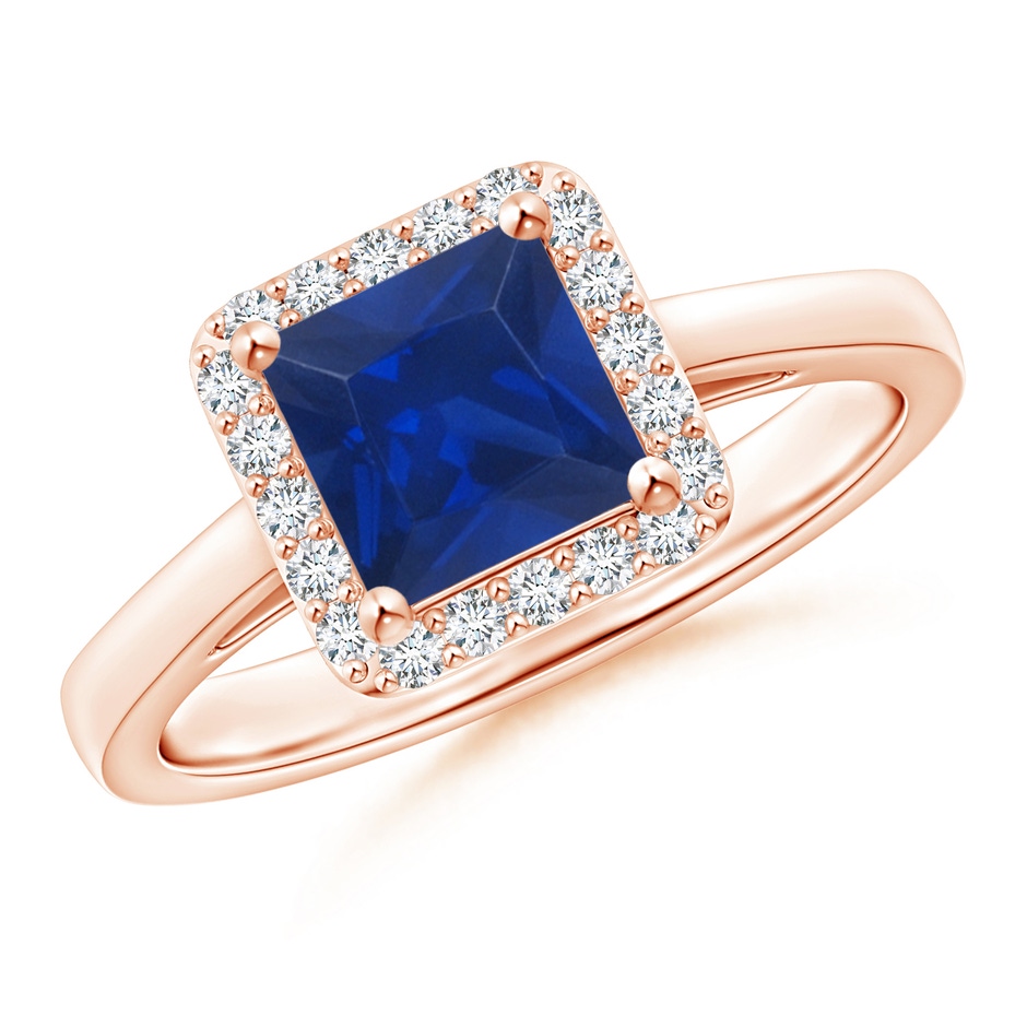 6mm AAA Classic Square Blue Sapphire Halo Ring in Rose Gold 