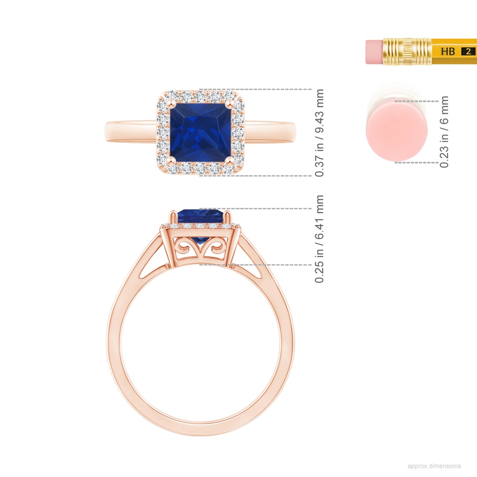 6mm AAA Classic Square Blue Sapphire Halo Ring in Rose Gold ruler