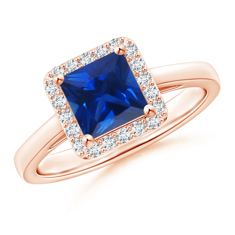 6mm AAAA Classic Square Blue Sapphire Halo Ring in Rose Gold 