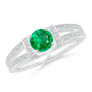 5.5mm AAA Vintage Style Emerald Split Shank Ring with Diamonds in White Gold