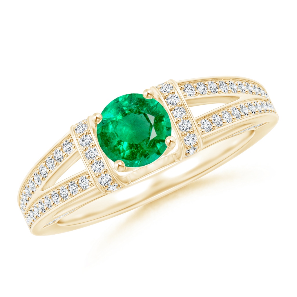 5.5mm AAA Vintage Style Emerald Split Shank Ring with Diamonds in Yellow Gold
