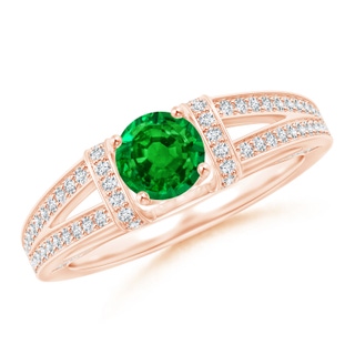 5.5mm AAAA Vintage Style Emerald Split Shank Ring with Diamonds in Rose Gold