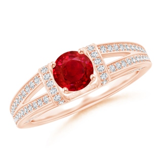 5.5mm AAA Vintage Style Ruby Split Shank Ring with Diamonds in Rose Gold