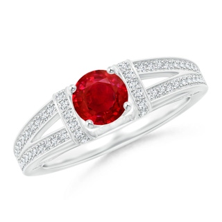 5.5mm AAA Vintage Style Ruby Split Shank Ring with Diamonds in White Gold