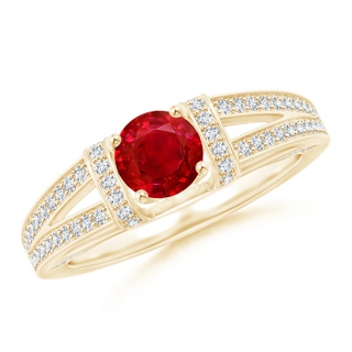 5.5mm AAA Vintage Style Ruby Split Shank Ring with Diamonds in Yellow Gold