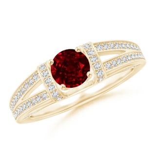5.5mm AAAA Vintage Style Ruby Split Shank Ring with Diamonds in Yellow Gold