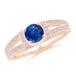 5.5mm AAA Vintage Style Blue Sapphire Split Shank Ring with Diamonds in Rose Gold