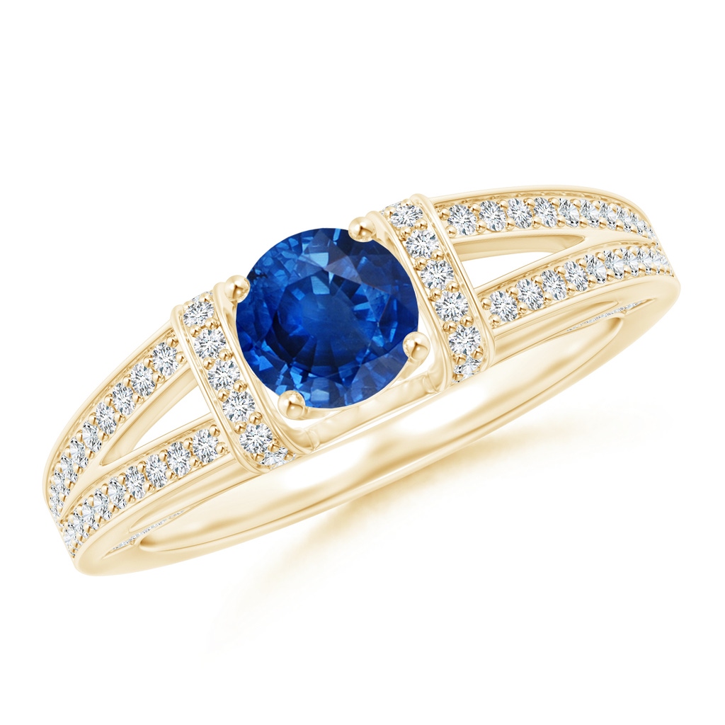 5.5mm AAA Vintage Style Blue Sapphire Split Shank Ring with Diamonds in Yellow Gold
