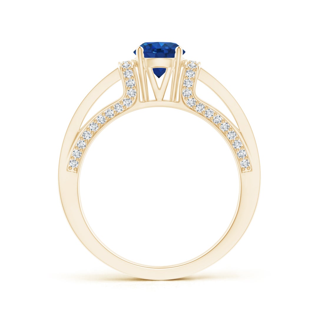 5.5mm AAA Vintage Style Blue Sapphire Split Shank Ring with Diamonds in Yellow Gold - side 1