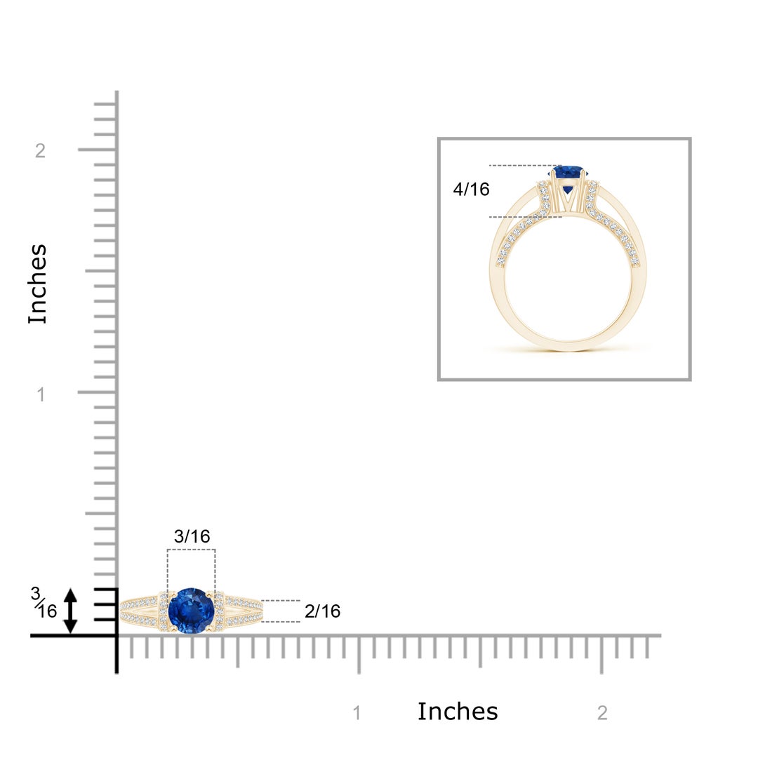 5.5mm AAA Vintage Style Blue Sapphire Split Shank Ring with Diamonds in Yellow Gold - ruler